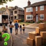Family carrying boxes to move into a house beside a property under renovation