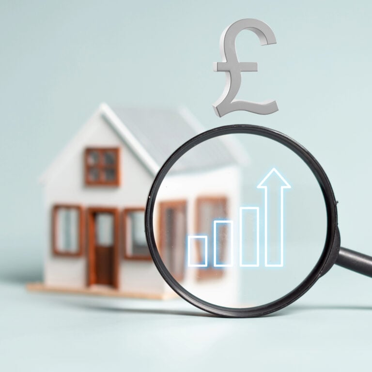 UK house price growth concept with pound symbol and rising bar chart over model home