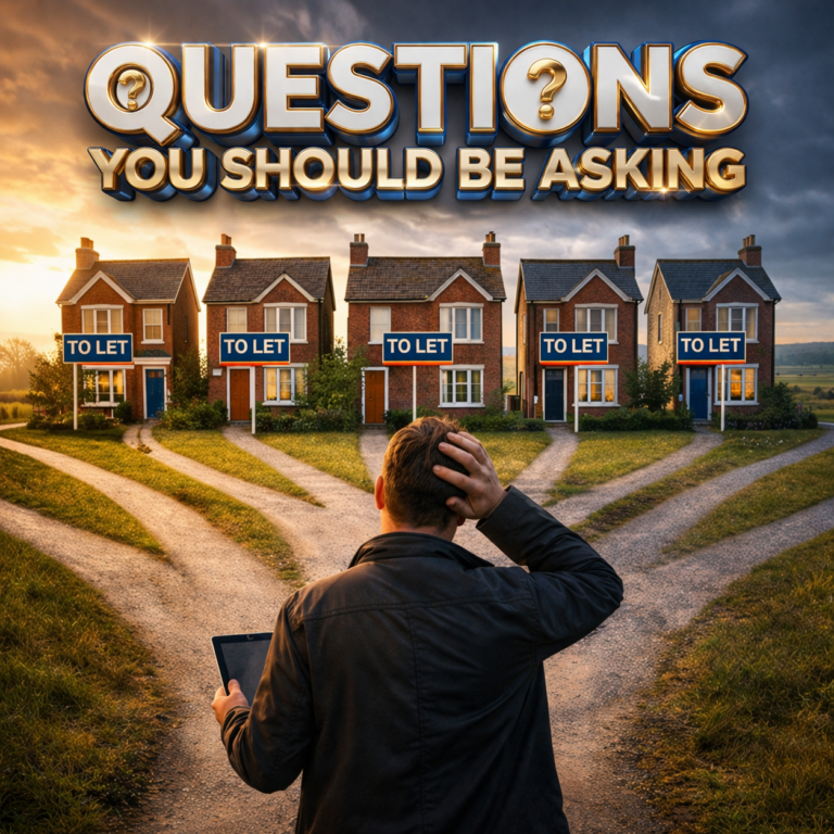 Landlord facing multiple rental properties with to let signs while considering portfolio decisions