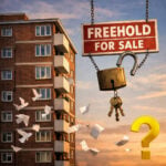 Freehold for sale sign with padlock and keys in front of an apartment block symbolising leasehold ownership transfer