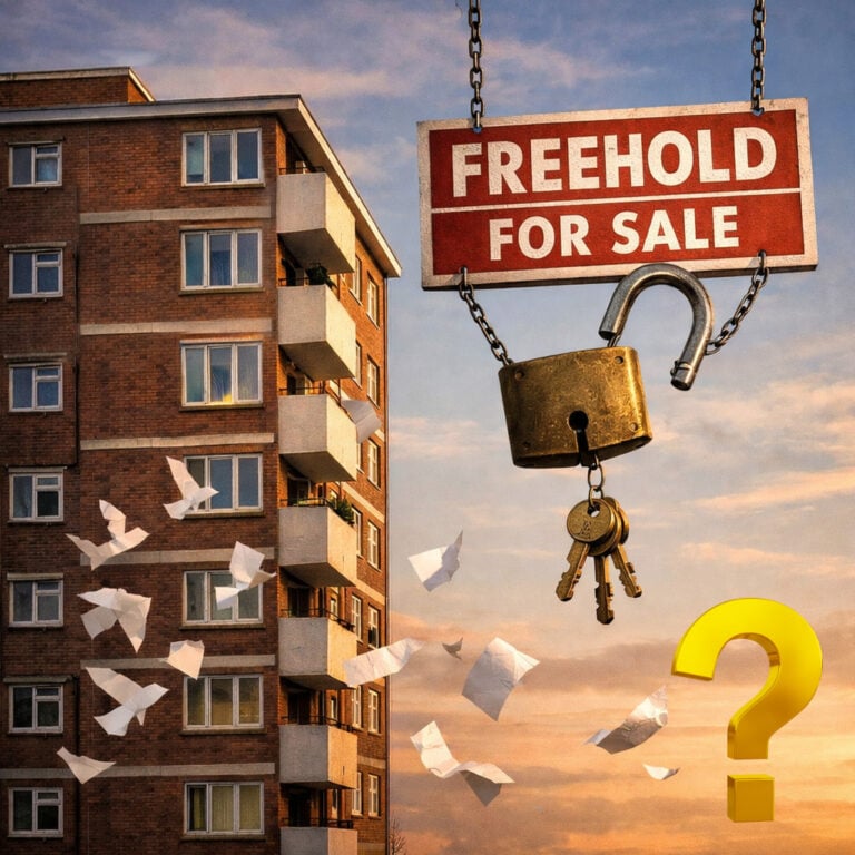 Freehold for sale sign with padlock and keys in front of an apartment block symbolising leasehold ownership transfer