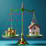 Scales balancing stacked coins against a house with a for rent sign, symbolising rental market pricing balance