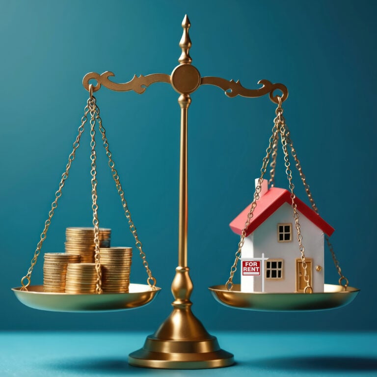 Scales balancing stacked coins against a house with a for rent sign, symbolising rental market pricing balance