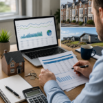 Landlord reviews buy to let mortgage figures on a desk with a laptop, calculator, house keys and images of UK homes and holiday lets.