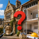 Grade II listed property with renovation cutaway, question mark and survey tools