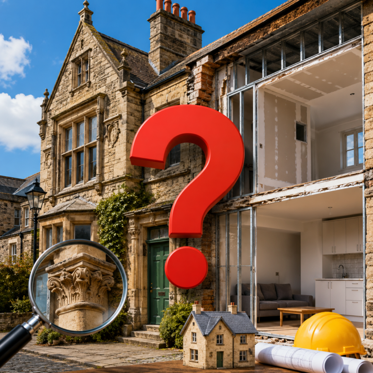 Grade II listed property with renovation cutaway, question mark and survey tools