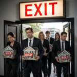 Group of landlords exiting a building carrying model houses with “sold” signs under an exit sign
