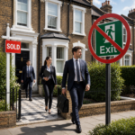 Estate agents leaving sold rental property with exit sign crossed out, symbolising landlords reconsidering market exit