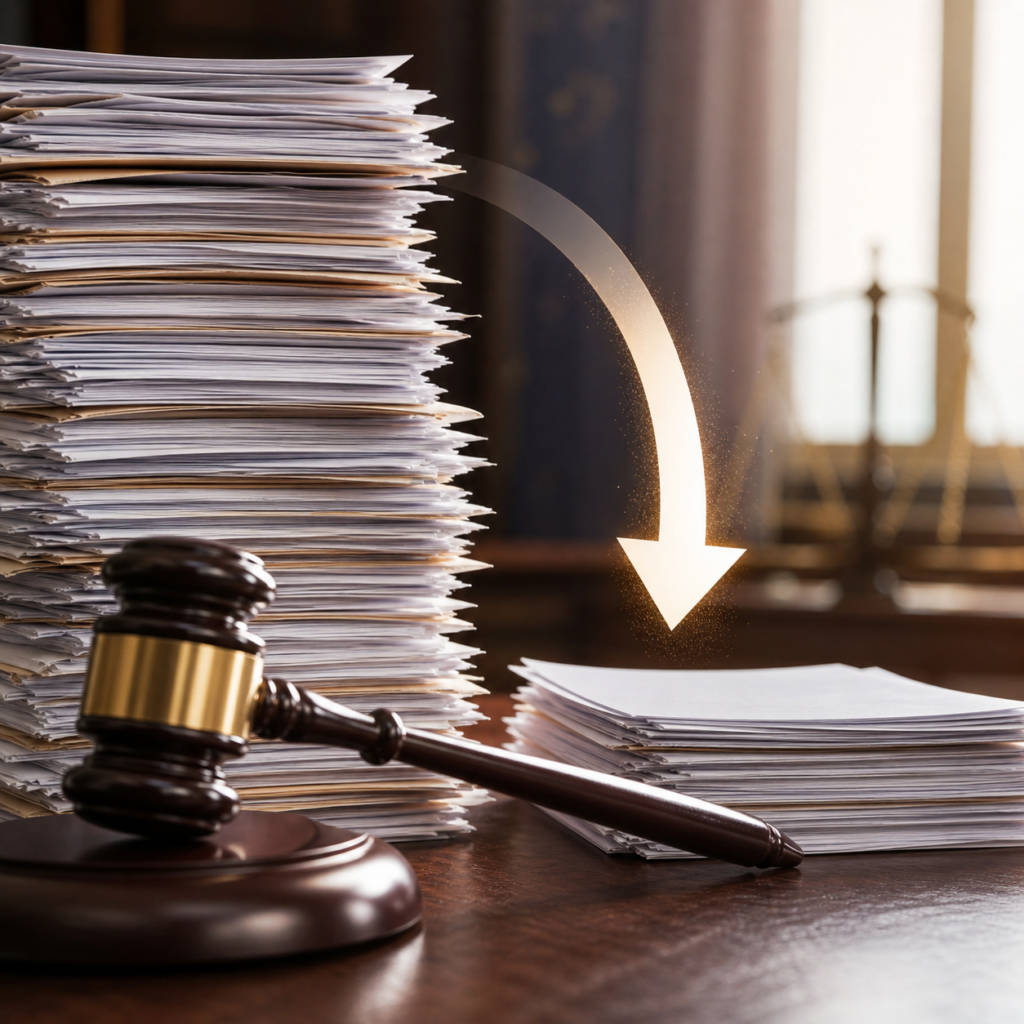Judge’s gavel beside tall stacks of paperwork with arrow indicating reduction in court cases