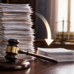 Judge’s gavel beside tall stacks of paperwork with arrow indicating reduction in court cases