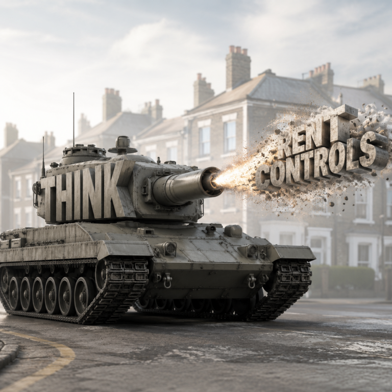 Tank labelled “THINK” firing at “RENT CONTROLS” text to illustrate the debate over housing policy
