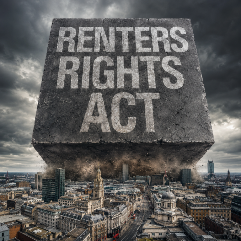 Giant “Renters Rights Act” block looming over Sheffield city centre skyline to illustrate rental market pressure