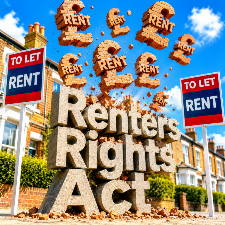 Renters’ Rights Act impact on average rents in England with To Let signs and falling rent symbols