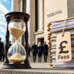 Hourglass and tribunal fee documents outside a court building illustrating Renters’ Rights Act reforms