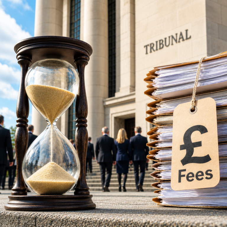 Hourglass and tribunal fee documents outside a court building illustrating Renters’ Rights Act reforms