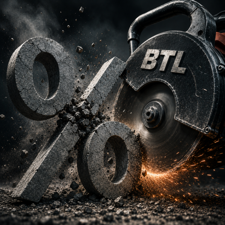 Angle grinder cutting through a percentage symbol to illustrate falling buy-to-let mortgage rates and lender competition.