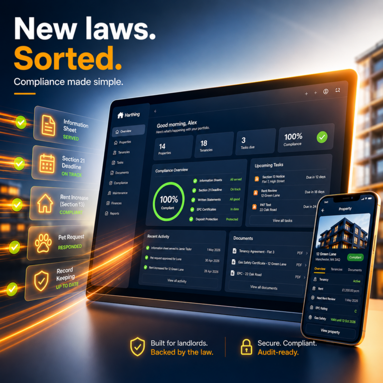 Landlord compliance dashboard showing Renters’ Rights Act tasks, deadlines, and property management tools