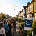 Queue of prospective tenants outside homes for rent in a UK residential street amid housing shortages