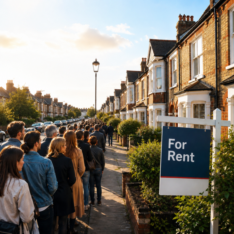 Queue of prospective tenants outside homes for rent in a UK residential street amid housing shortages