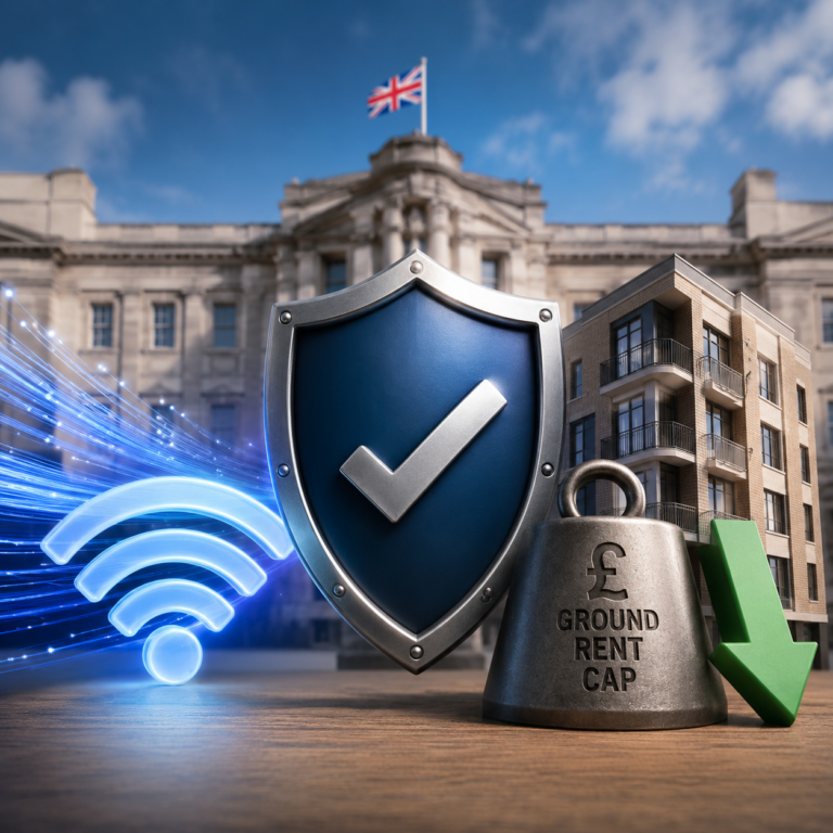 Shield symbolising broadband rights and leasehold reform outside a UK residential building