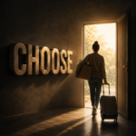 Tenant leaving a rental property carrying boxes and a suitcase beside the word “CHOOSE”