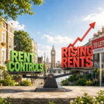 Scales balancing rent controls against rising rents in London property market scene