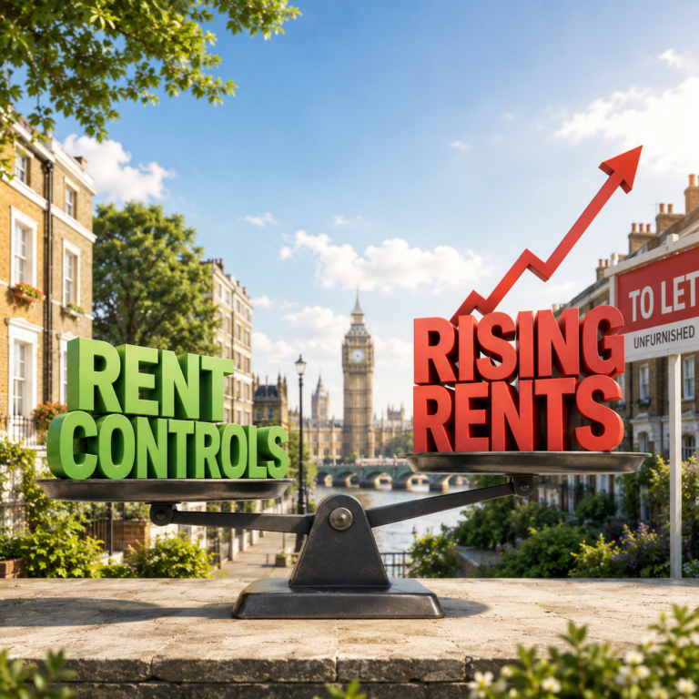 Scales balancing rent controls against rising rents in London property market scene