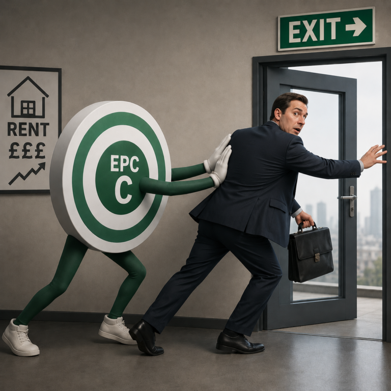Landlord being pushed out the door by an EPC C rating symbol, illustrating pressure from energy efficiency rules.