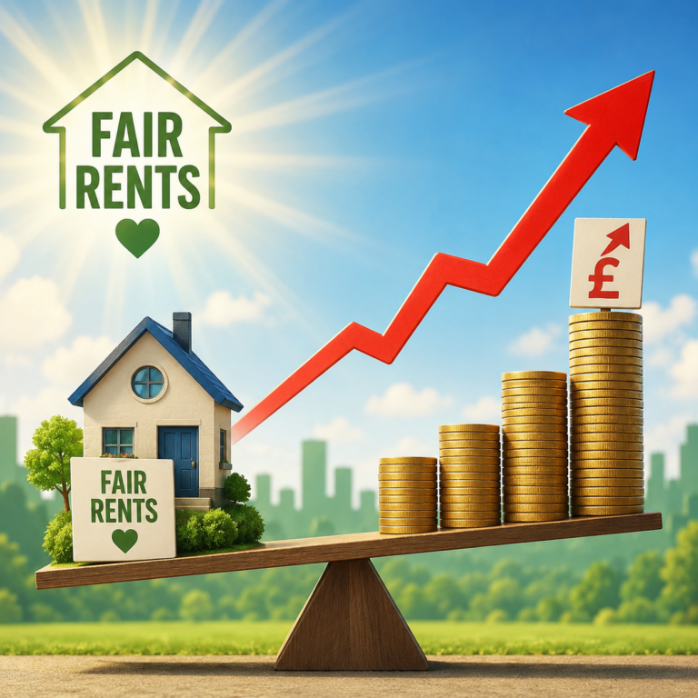 Fair rents concept illustrated with rising rent costs, house model and upward arrow over stacked coins