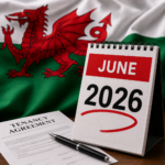 Calendar showing June 2026 beside a tenancy agreement and Welsh flag, highlighting upcoming landlord law changes in Wales.