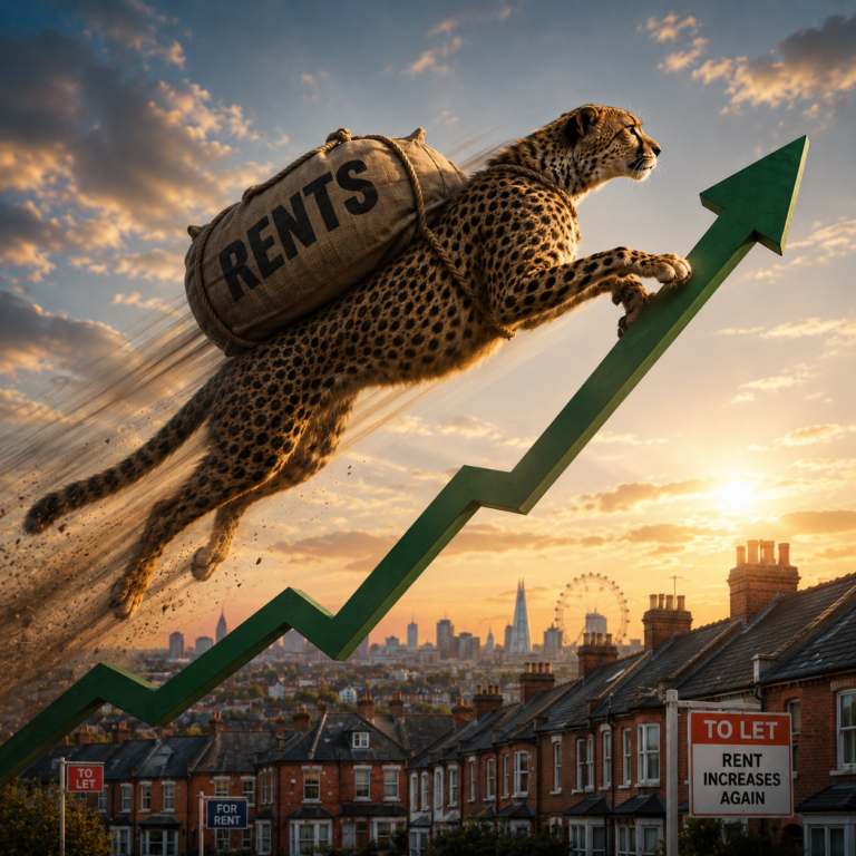 Cheetah carrying a sack labelled “rents” racing up a rising graph above London homes