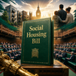 Social Housing Bill presented in Parliament with housing developments and families symbolising affordable housing reform