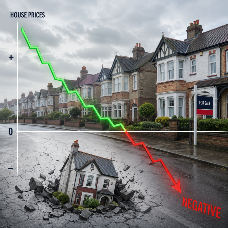 Falling UK house prices illustrated by downward trend graph over residential street with homes for sale
