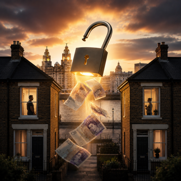 Open padlock releasing money above Liverpool rental homes, symbolising landlords selling tenanted properties quickly