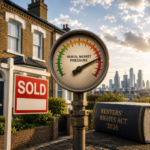 Gauge showing rental market pressure beside a sold property sign and Renters’ Rights Act 2026 book