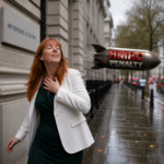 Angela Rayner outside HMRC offices as a missile labelled “HMRC Penalty” flies past, symbolising avoided fines