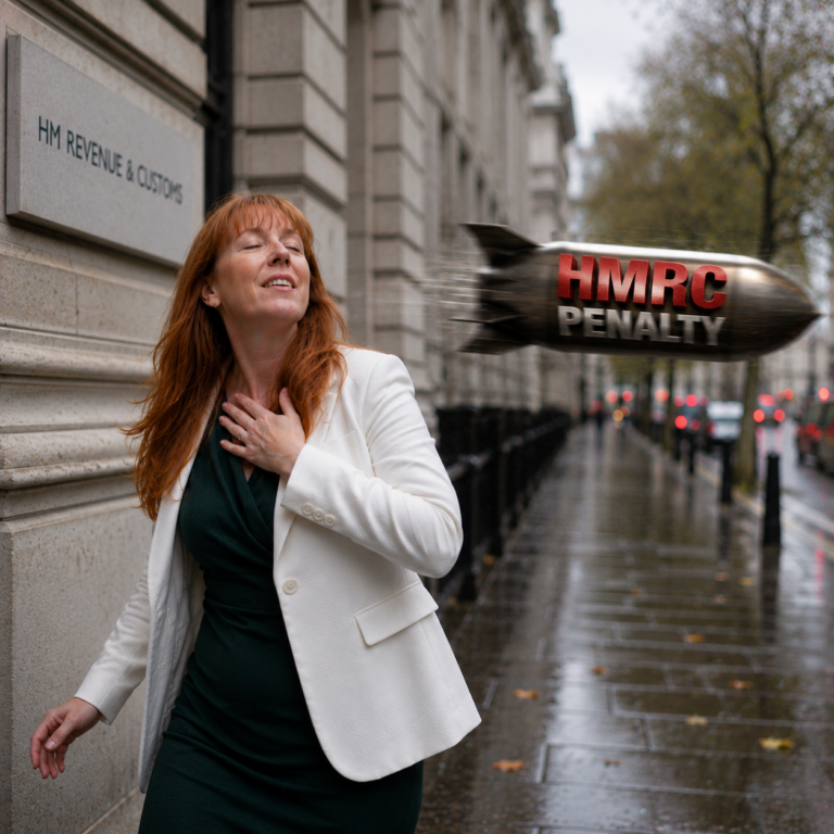 Angela Rayner outside HMRC offices as a missile labelled “HMRC Penalty” flies past, symbolising avoided fines