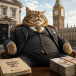 Satirical illustration of a wealthy cat landlord in London beside cash and a Renters’ Rights Bill document