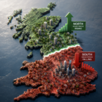 Map of UK regions showing rising northern house prices and falling southern property values