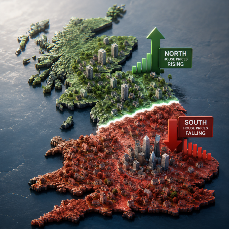 Map of UK regions showing rising northern house prices and falling southern property values
