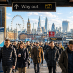 Commuters leaving a London station with the city skyline in the background as renters move to cheaper areas