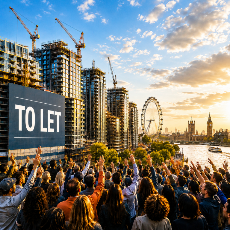 Crowd outside London rental developments with To Let sign as tenant demand rises under the Renters’ Rights Act