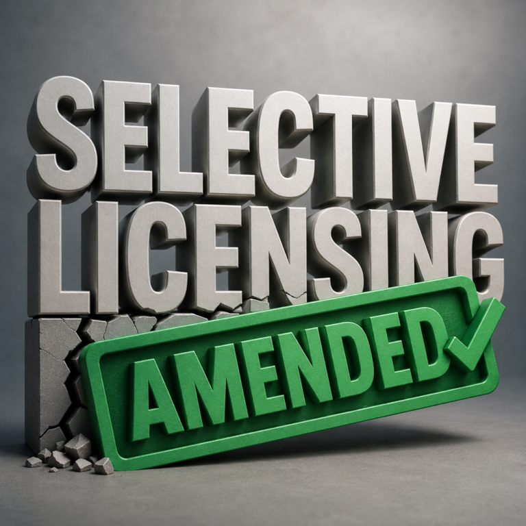 Selective licensing approved stamp beside large 3D lettering symbolising landlords overturning council licence conditions