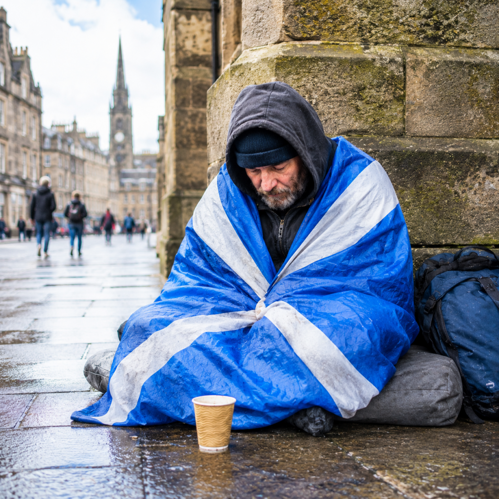Homeless man wrapped in a Scottish flag sitting on a rainy Edinburgh street