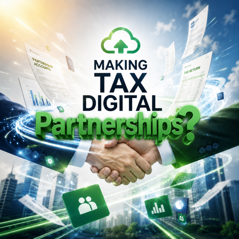 Business partners shaking hands beneath Making Tax Digital branding and digital tax documents