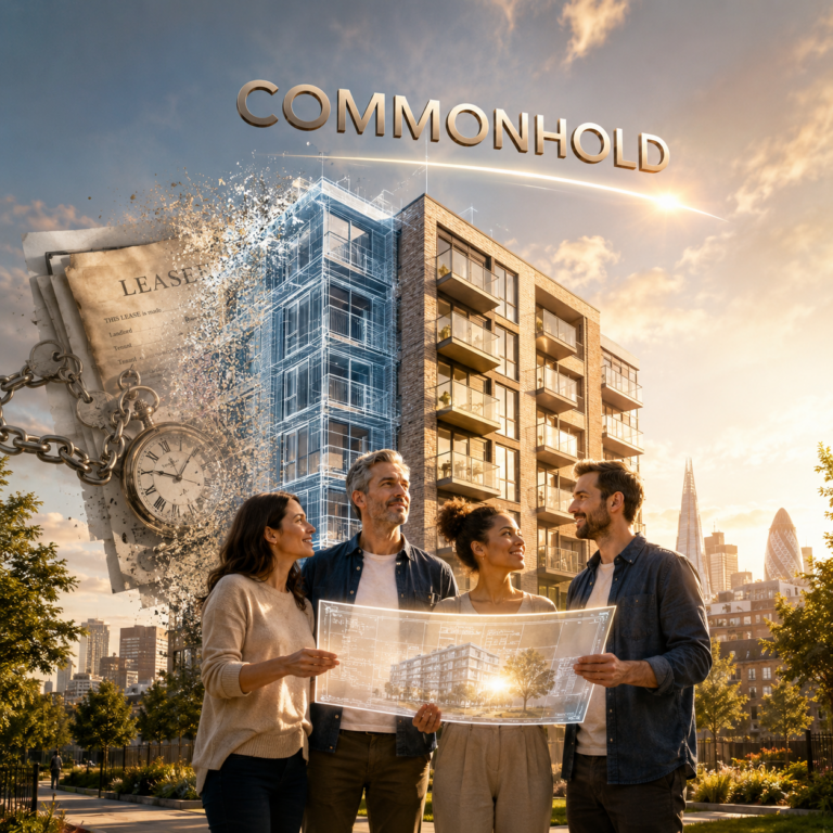 Residents reviewing plans outside a modern apartment building illustrating the shift from leasehold to commonhold ownership.