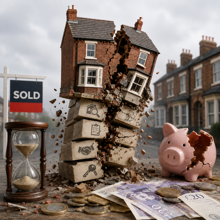 Collapsing house sale symbolising failed UK property transactions and wasted moving costs
