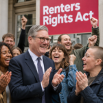 Prime Minister applauding with campaigners beside a Renters’ Rights Act sign at Downing Street