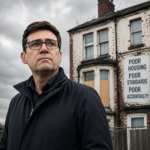 Andy Burnham standing outside a run-down rental property highlighting concerns about poor housing standards.