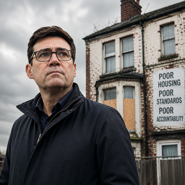 Andy Burnham standing outside a run-down rental property highlighting concerns about poor housing standards.